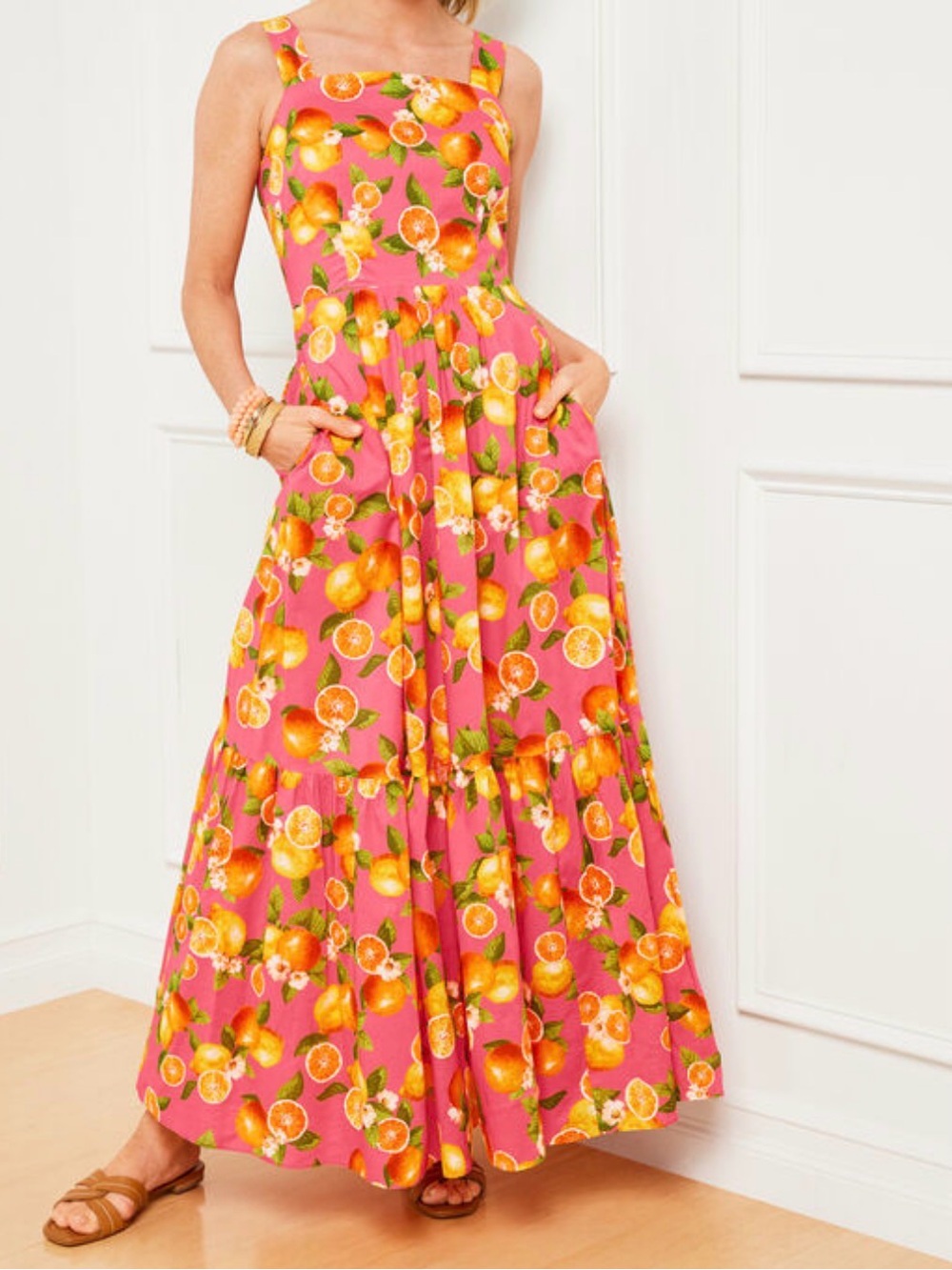 Talbots Oranges /lemons Tiered Maxi Dress Sleeveless Cotton Lined Size 16